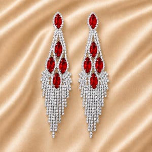 Ruby Red Crystal Leaf Earrings, Silver Marquise Drop, Bridal, Wedding, Pageant & Competition