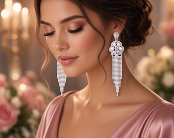 AB Crystal Teardrop Earrings, Silver Rhinestone Statement Dangle Earrings, Bridal Pageant Jewelry
