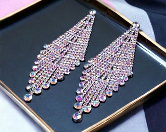 Silver AB Rhinestone Crystal Chandelier Dangling Earrings - Bikini, Wellness,IFBB, NPC, Formal, Weddings, Pageants, Special Occasion