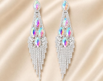 Silver AB & Clear Marquise Earrings, Statement Drop, Bridal, Wedding, Pageant, Competition.