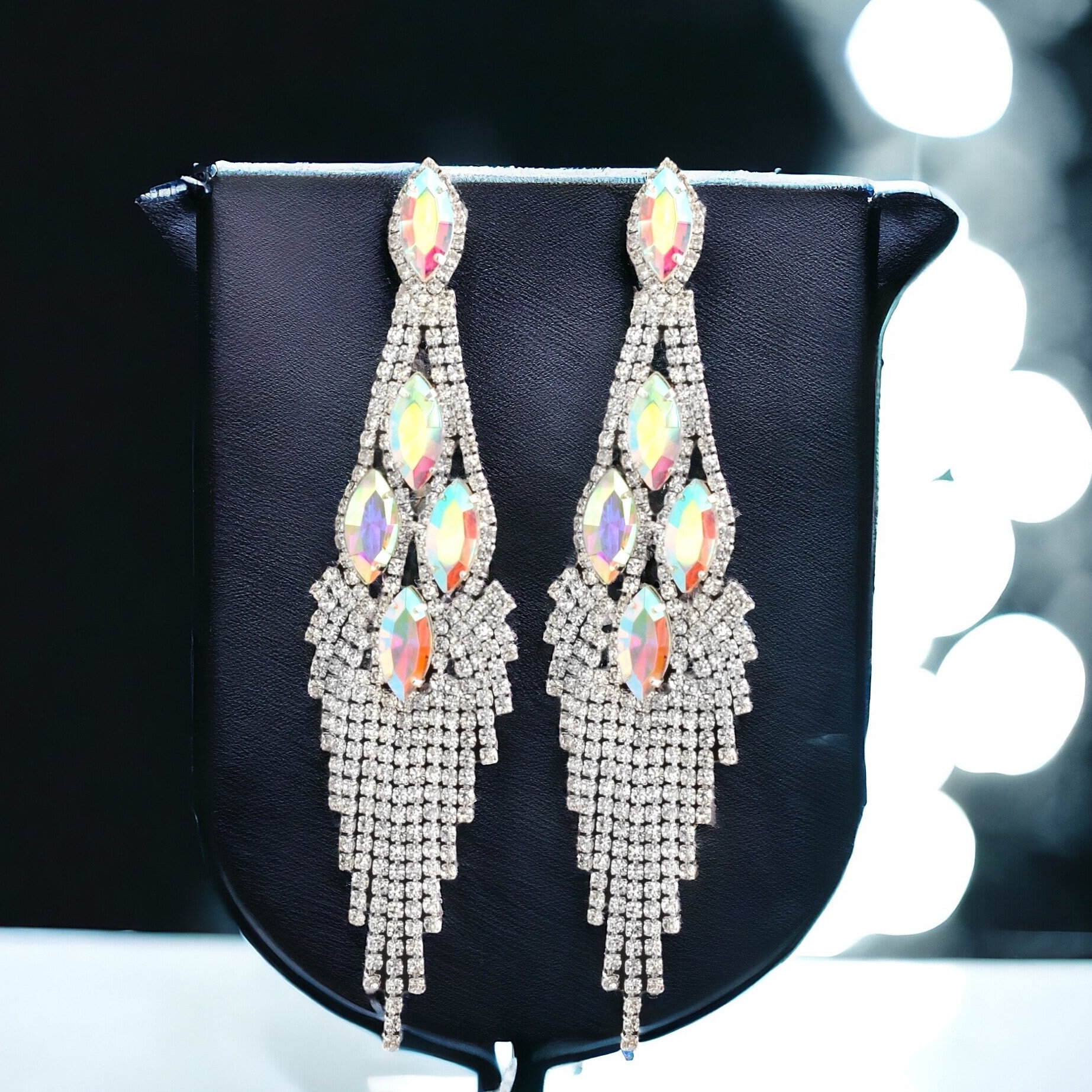 Silver AB Clear Rhinestone Crystal Dangling Earrings - Bikini, Wellness, Figure, IFBB, NPC, Formal, Weddings, Pageants, Special Occasions.