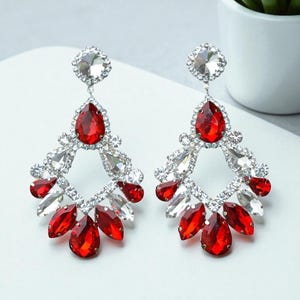 Ruby Red Rhinestone Drop Earrings, Silver Crystal Statement Formal Jewelry