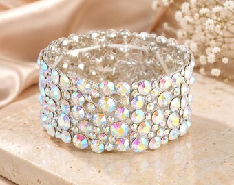 Silver AB Crystal Stretch Bracelet, Bubble Statement Bridal, Wedding, Pageant & Competition