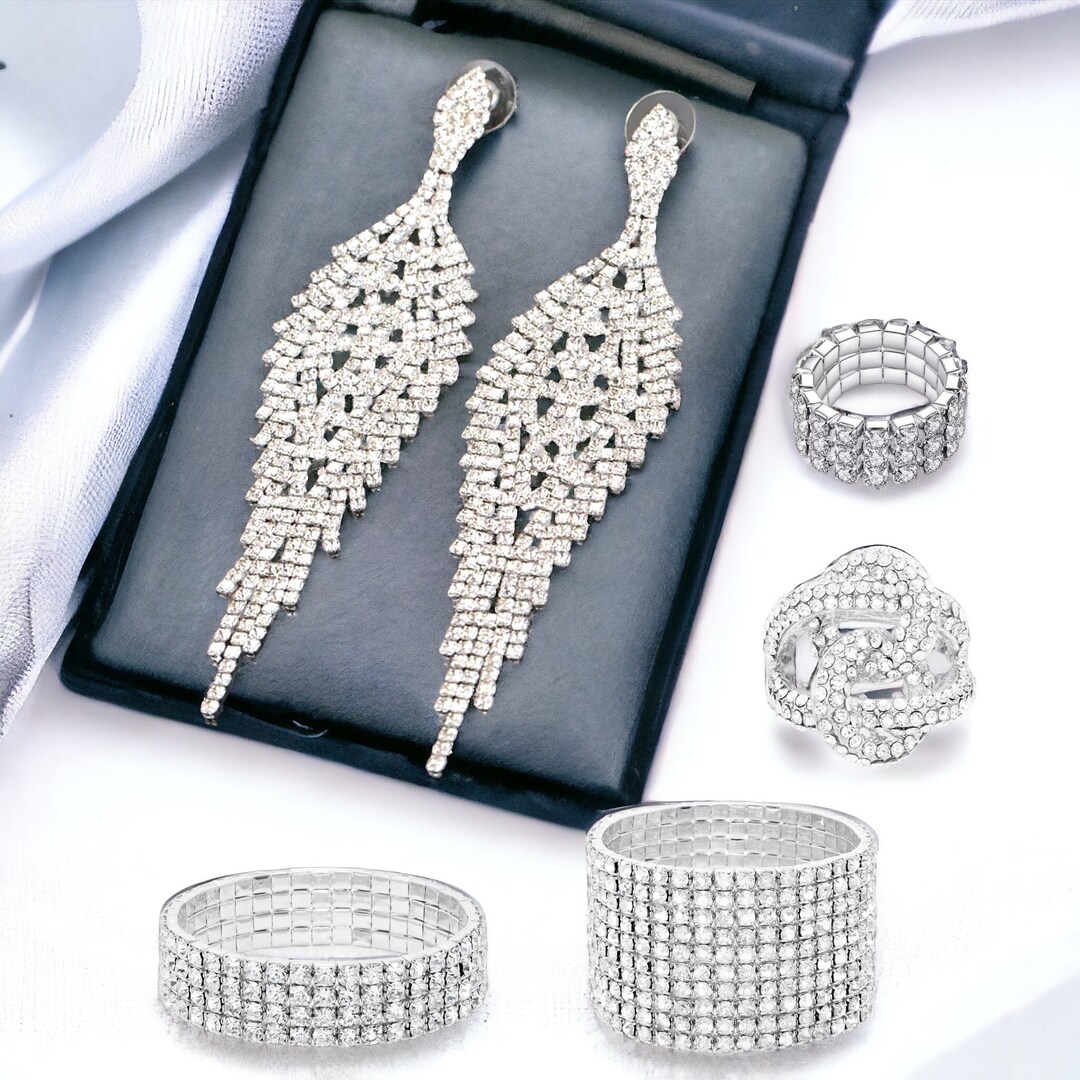 4.75” Clear Rhinestone Jewelry Set – Earrings, 10 Row & 4 Row Stretch ...