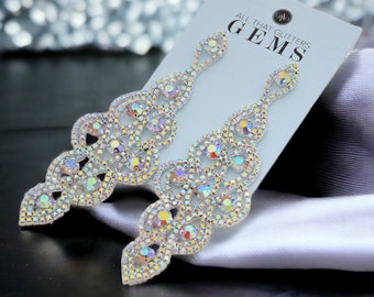 4” Long AB Earrings, AB bikini comp earrings, 4” AB statement earrings, Bridal party earrings, 4” Drag Pageant earrings, party gifts for her
