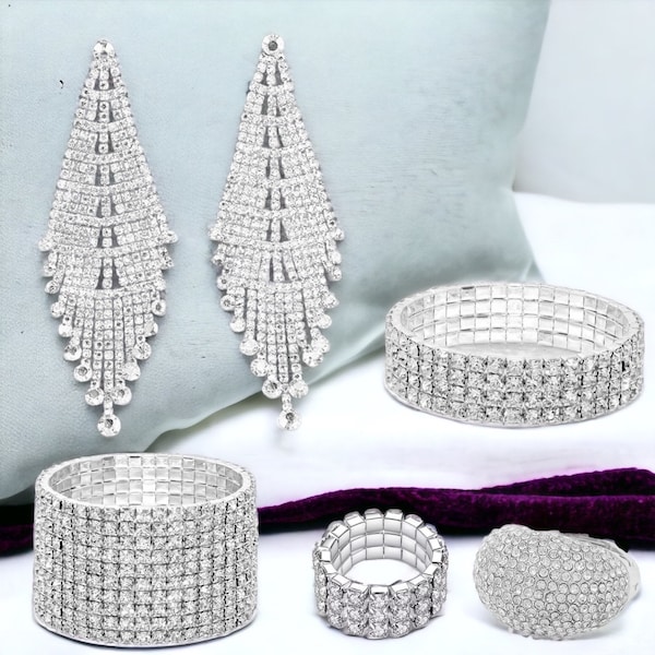 Silver Clear 5 Piece Rhinestone Jewelry Set - Concours de bikini , Concours , Drag , Mariée, Mariage , Formel , Cadeaux pour elle , Sweet 16 ,