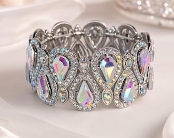 AB Crystal Stretch Bracelet, Silver Teardrop Rhinestone Statement Bracelet, Bridal Pageant Jewelry
