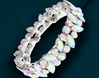 AB Rhinestone Stretch Bracelet | Silver Marquise, Round Stones (0.7" Height)