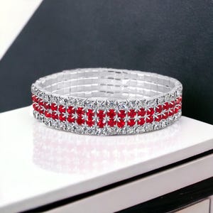 5/8” Clear & Ruby Red 4-Row Rhinestone Stretch Bracelet – Silver Bodybuilding Competition, Pageant, Formal Bracelet