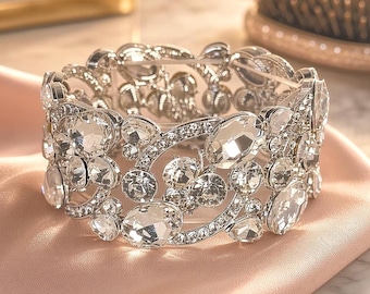 Clear Crystal Stretch Bracelet, Silver Rhinestone Statement Bracelet, Bridal Pageant Jewelry