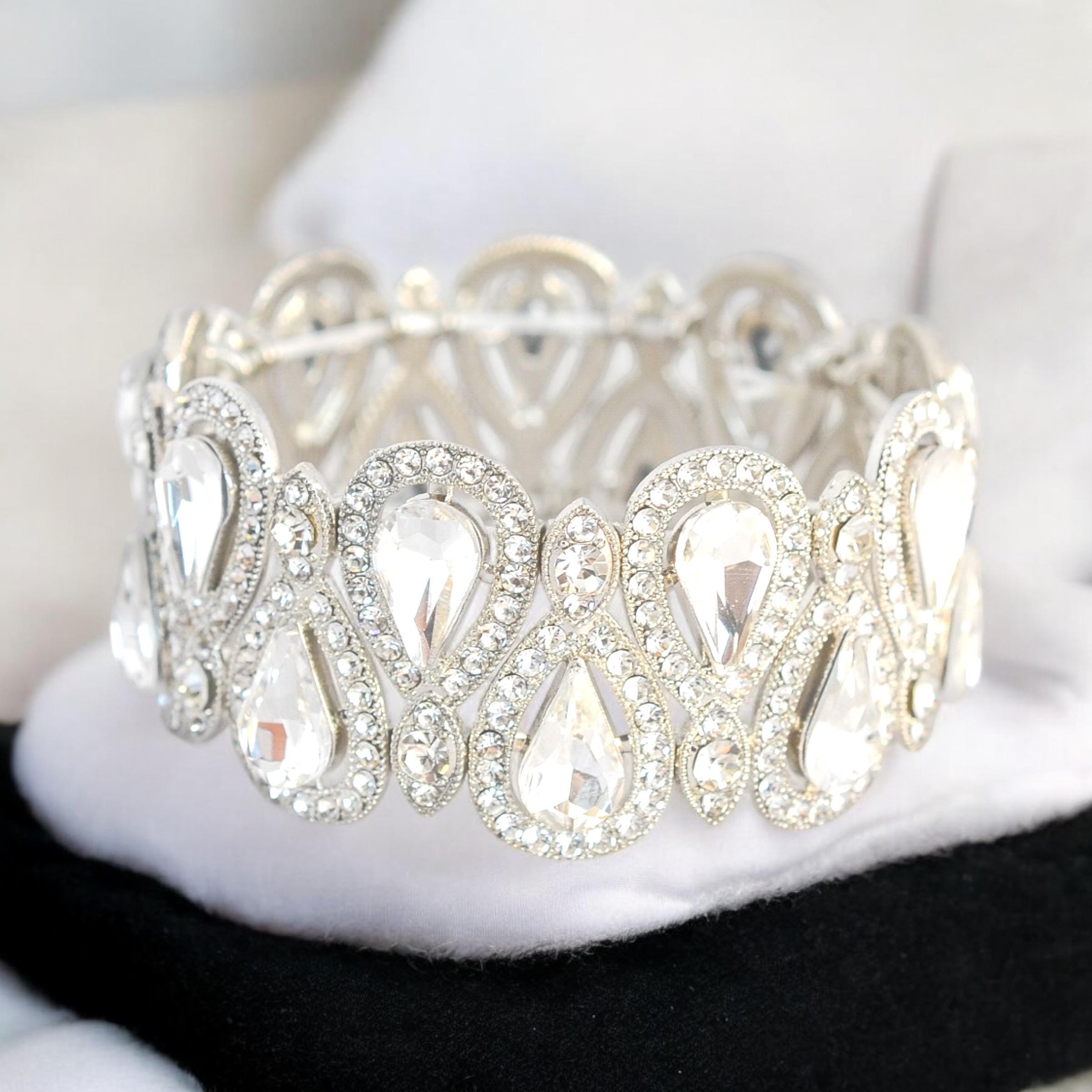 Clear Silver Rhinestone Teardrop Stretch Bracelet Bikini Competition Jewelry, Wedding bridal, Prom, Pageant, Gifts for her, Special Occasion