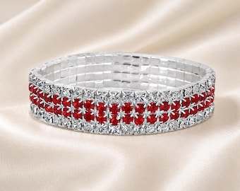 Red Crystal Stretch Bracelet, Silver 4 Row Bridal, Wedding, Pageant & Competition