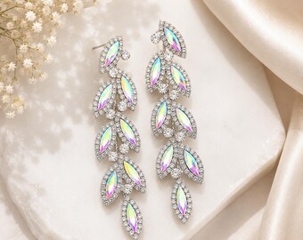 Clear AB Marquise Leaf Earrings, Silver Statement Bridal, Wedding, Pageant & Competition