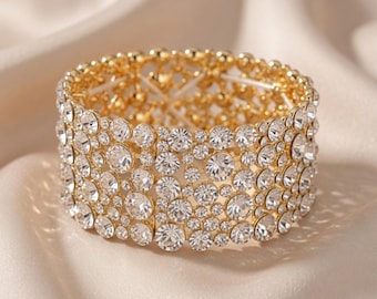 Gold Clear Crystal Stretch Bracelet Bubble Cluster Bridal Pageant Prom