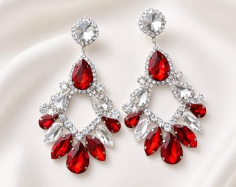 Red Crystal Statement Earrings Clear Rhinestone Drop Bridal Prom Pageant