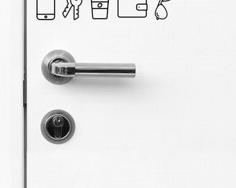 May include: A white door with a silver door handle and a silver deadbolt lock. There are six icons on the door, including a phone, keys, a coffee cup, a wallet, and sunglasses.