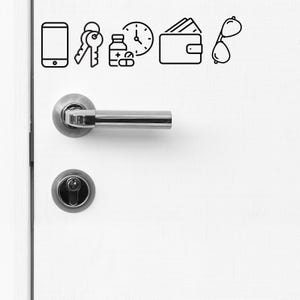 Telefono Chiavi Portafoglio Occhiali Farmaci Porta Adesivo in vinile / Promemoria prima di partire / Promemoria per gli ospiti / Arredamento per la casa / Cartello per porta / Adesivo per porta