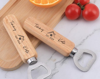 Housewarming Gift Bottle Opener, Engraved Wooden Opener, Personalized Bar Accessory