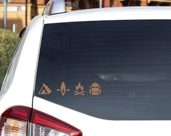 Calcomanía de icono de camping: tienda de campaña, kayak, fogata, mochila