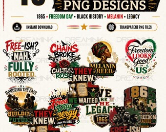 May include: A digital design featuring 15 Juneteenth PNG designs. The designs include text such as "Freedom Day," "Black History," and "Legacy." The color palette includes black, green, red, and gold.