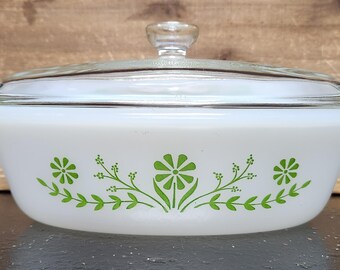 Vintage Glasbake 1  QT Casserole Dish With Lid Green Daisy Primrose Oval J 235