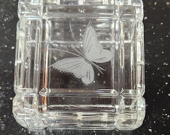 Lead Crystal Trinket Box With Butterfly Etching