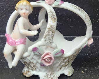 Vintage Ucagco Japan Porcelain Child On Basket With Floral And Gold Accents