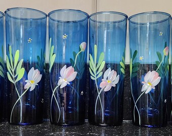 Set Of 6 Blue Fenton Handpainted Glasses Signed J Nelson