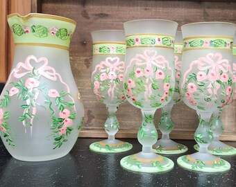Vintage Hand-painted Wine Glasses And Pitcher 6 Piece Set