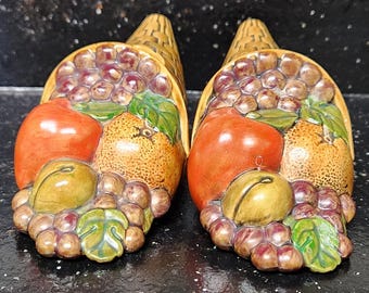 Vintage Pair Of Cornucopia Horn Of Plenty Handpainted Candle Holders