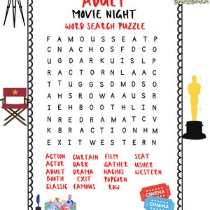 Adult Movie Night Word Search Puzzle - Movie Night Word Search - Adult ...