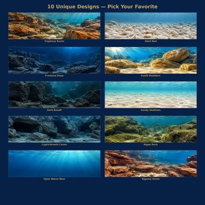 Puede incluir: Una cuadrícula de 10 diseños de paisajes submarinos titulada 10 Unique Designs — Pick Your Favorite. Las escenas incluyen Tropheus Rocks, Shell Bed, Frontosa Deep, Sunlit Boulders, Dark Basalt, Sandy Shallows, Cyprichromis Caves, Algae Rock, Open Water Blue y Kigoma Stone.