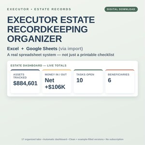 Executor Estate Spreadsheet | Estate Settlement Organizer | Asset, Expense & Beneficiary Tracker | Excel + Google Sheets Template