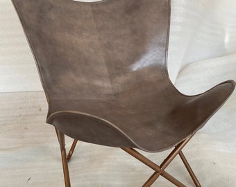 Handmade genuine Leather Butterfly Chair: Rose Gold Iron Frame