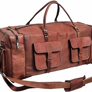 Brown Leather Duffle Bag Leather Duffel Bag 32 inch Large Travel Bag Gym Sports Overnight Weekender Bag brown, 32 inch