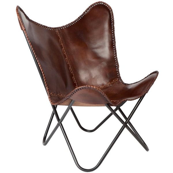 100% Best Quality Retro Leather Butterfly Chair Dark Brown Leather Arm Chair Leather Butterfly Chair Cover With Powder Coated Folding Frame