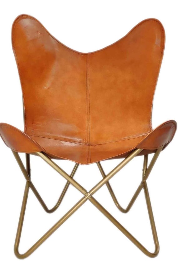 ヴィンテージレザーバタフライチェア：折りたたみ式アイアンフレームの