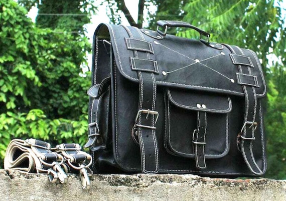 Retro Black Leather 18-inch Laptop Messenger Bag Backpack - Etsy
