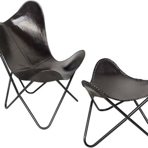 Premium Retro Black Leather Butterfly Chair BKF Living Room Leather Arm Chair Leather Butterfly Chair with Footstool Relaxing Accent chair
