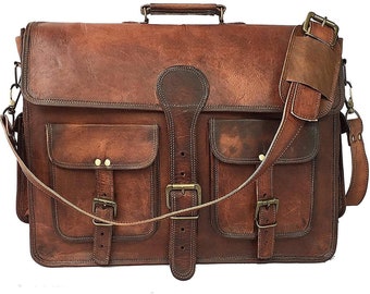 Handmade Leather 18 Inch Vintage Handmade Leather Travel Messenger Office Crossbody Bag Laptop Briefcase  College bag (Dark Brown)