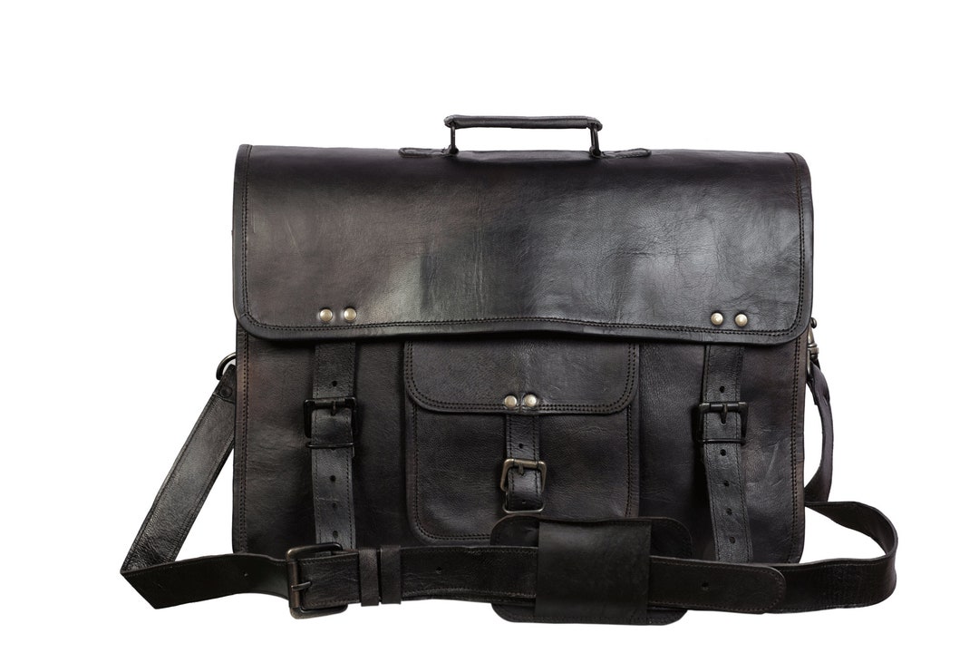 Handmade Black Leather Laptop Messenger Bag: 18 Inch Retro