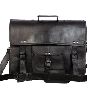 Maletín de cuero negro de 18 pulgadas, bolso de mensajero retro de cuero para computadora portátil, bolso de oficina, regalo para él, maletín, bolso universitario