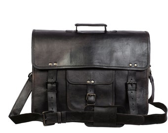 18 Inch Black Leather Briefcase Retro Leather Laptop Messenger Bag Office bag Gift for him Briefcase College Bag