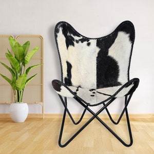 Original Hide leren vlinderstoel Zwart-witte leren vlinderfauteuil met gepoedercoat opklapbaar frame (zwart en goud)