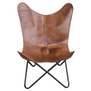 Leather Dark Brown Butterfly Arm Chair Leather Living Room Chair butterfly chair Powder coated iron black folding frame with Butterfly cover