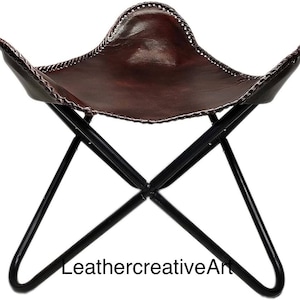 Premium Leather Butterfly Stool, Foot Stool, Folding Stool Room Comfortable Stool  Leather Cover With Folding Black Stool