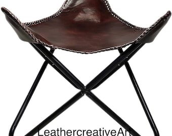 Handmade Leather Butterfly Stool: Folding Foot Stool with Black Iron Stand