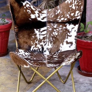 Leather Butterfly Chair Vintage Seat Metal Occasional Retro Lounge Living Room Genuine Goat Hair On Cover Golden Folding Frame