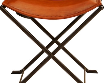 Brown Leather Butterfly Stool: Folding Iron Frame Camping Chair