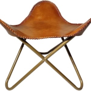 Handmade Leather Butterfly Stool: Folding Gold Stand